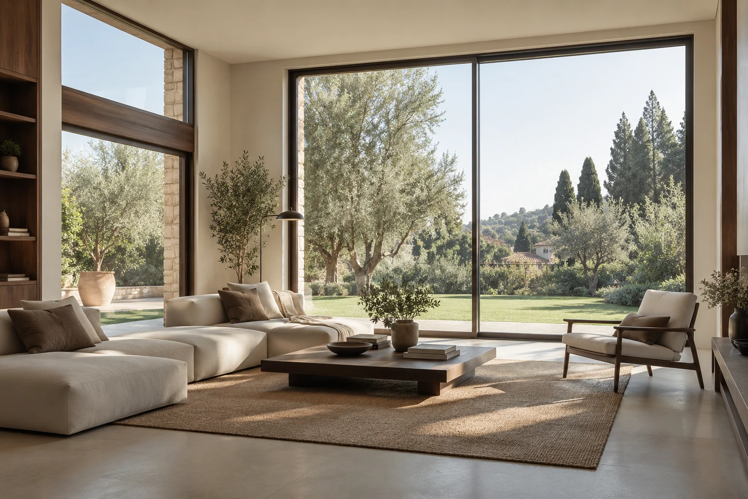 Immagine illustrativa di un interno contemporaneo luminoso con grandi finestre